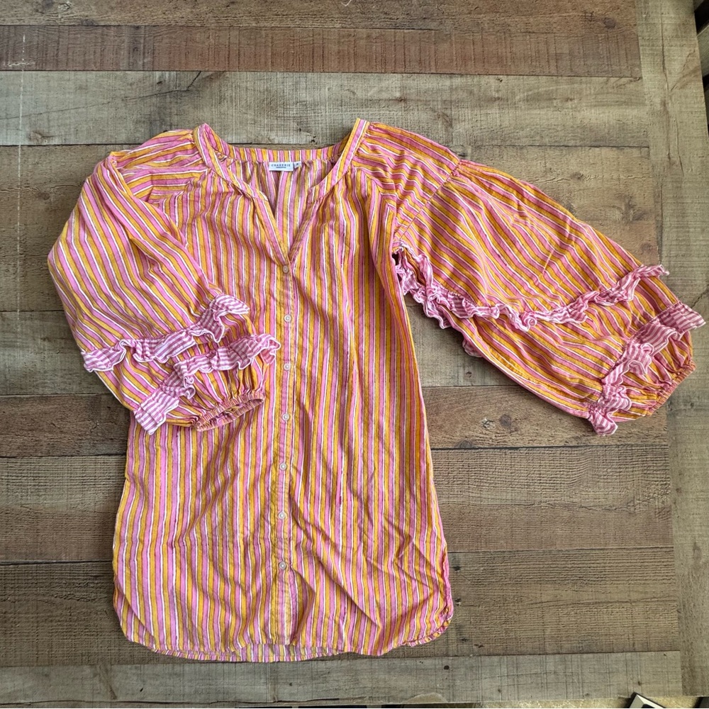 CHAKERIS Charleston Striped Pink Orange Shirt Dress Balloon Ruffle Sleeves Med
